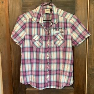 Harley Davidson S snap plaid buttoned, embroidered, shirt. Smoke/pet free home